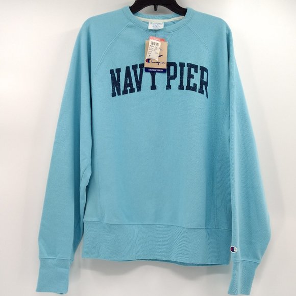 CHAMPION Reverse Weave Sweatshirt Men's‎ S Aqua Navy Pier Graphic Crew Neck - Picture 1 of 10